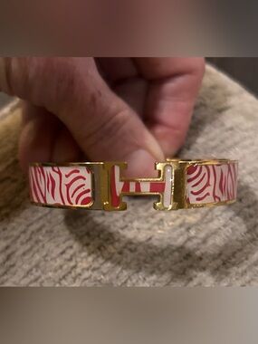 Fashion Jewelry Gold-Tone Bracelet with Pink and White Zebra Print, Stainless